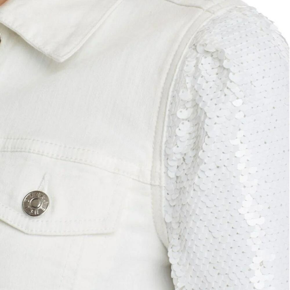 GENERATION LOVE Rosie sequined sleeve white raw hem denim jeans jacket Sz XS NEW - Picture 6 of 9